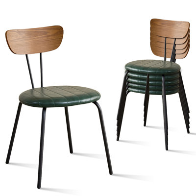 Ensemble de 6 chaises de salle à manger empilables en similicuir avec dossier en bois massif pour appartement, salon, chambre à coucher, vert