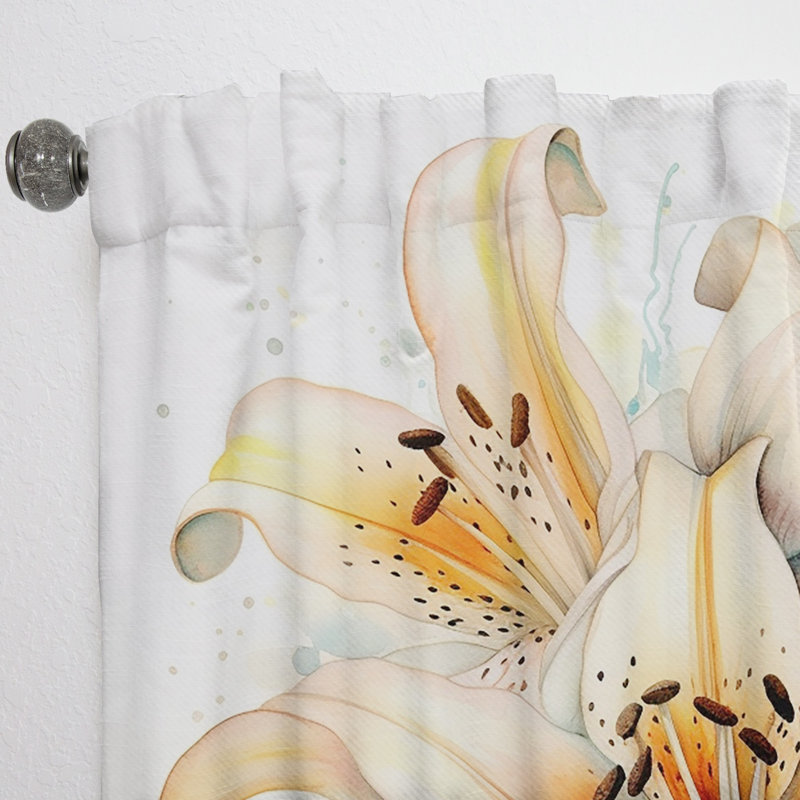 White And Yellow Elegant Lily Purity III - Lilies Floral Room Darkening Curtain - 1 Panels, 52" W x 95" L