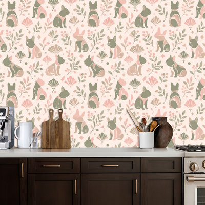 Peel and Stick Wallpaper Cute French Bulldog Pink Green Art Contact Paper Removable Self Adhesive Wall Mural Wall Decor for Bedroom Kitchen Cabinets 17.7in x 118in