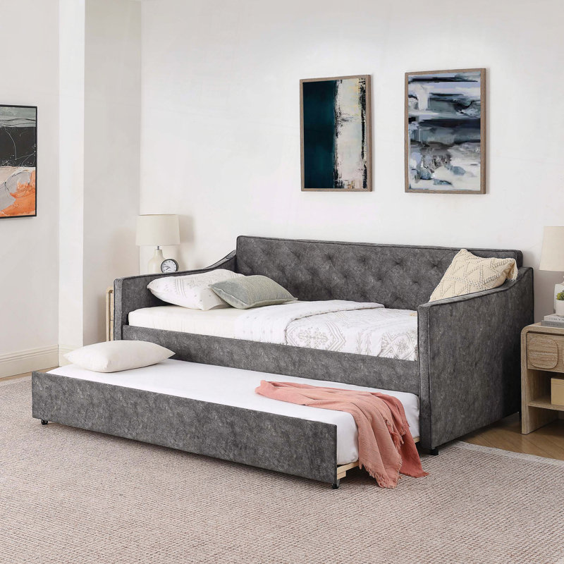 Upholstery DayBed Pop-up Trundle USB Charging Design, Gray