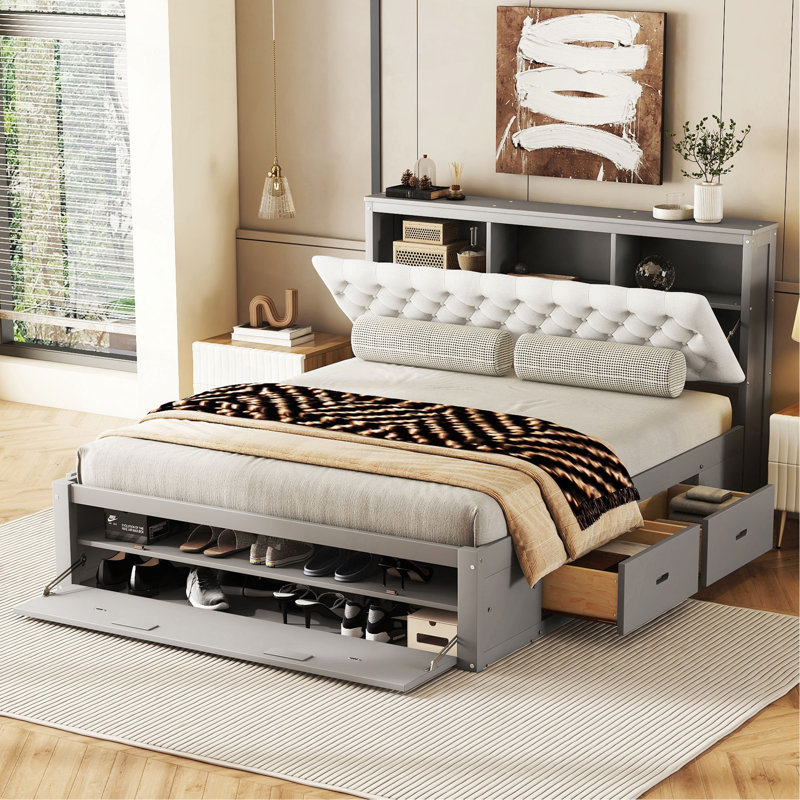 Lit plateforme en bois grand avec tête de lit, étagère à chaussures et 4 tiroirs, gris