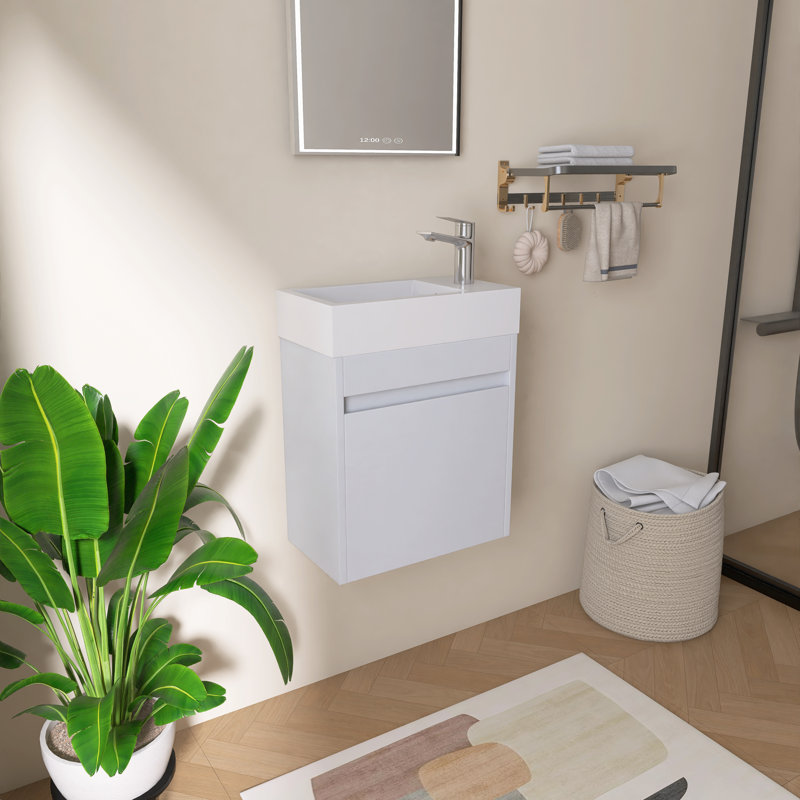 Ensemble de meuble-lavabo mural simple 18 po avec plateau en résine Alderfen, Blanc