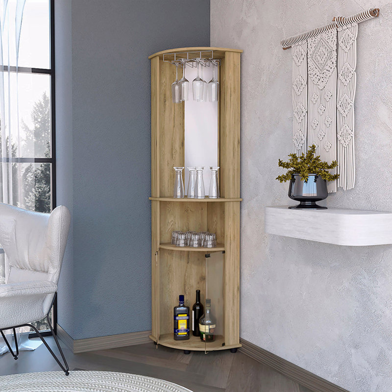 Bar d'angle 2 portes 2 tablettes avec support en verre, Brun / Blanc