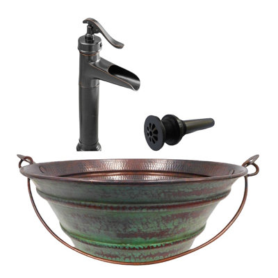15 Copper Vessel Bucket Sink Green Distressed Exterior Accessories Included