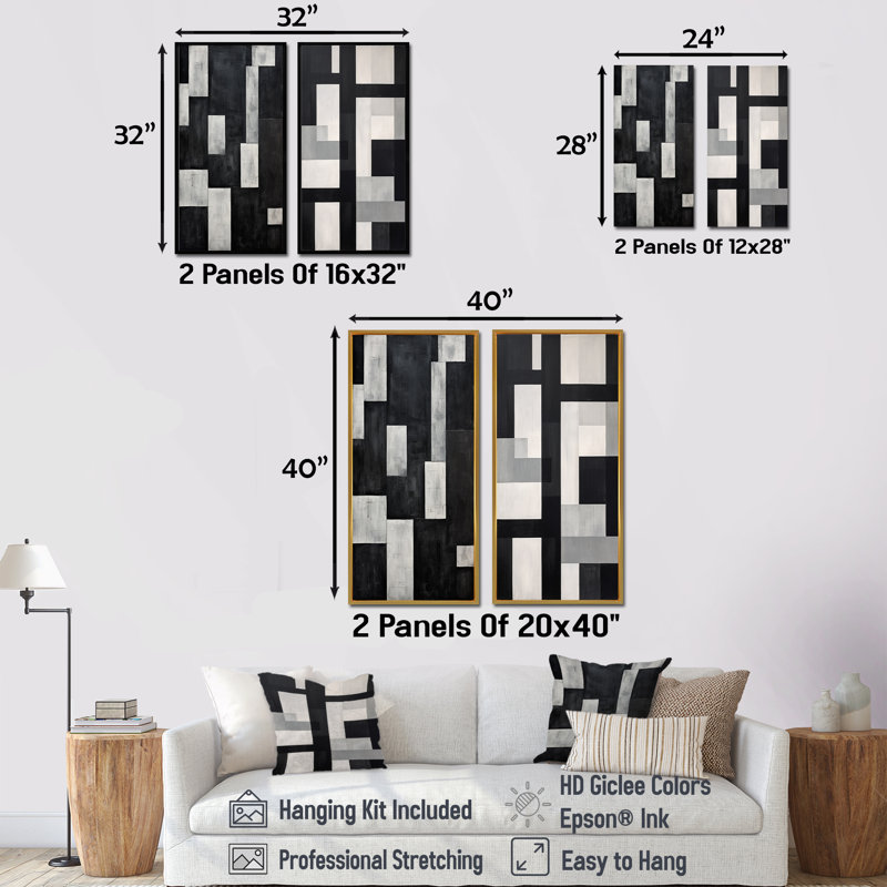 «Black and White Cuboids Dream - Abstract Shapes», ensemble d'art mural sur toile, H 28 po x l 25 po, Toile tendue