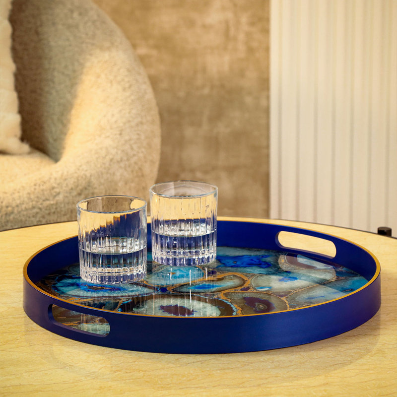 Akasya 2 piece Glass Decoration Tray for Living Room Decor, Agate Design Round Plastic Serving Tray, Blue