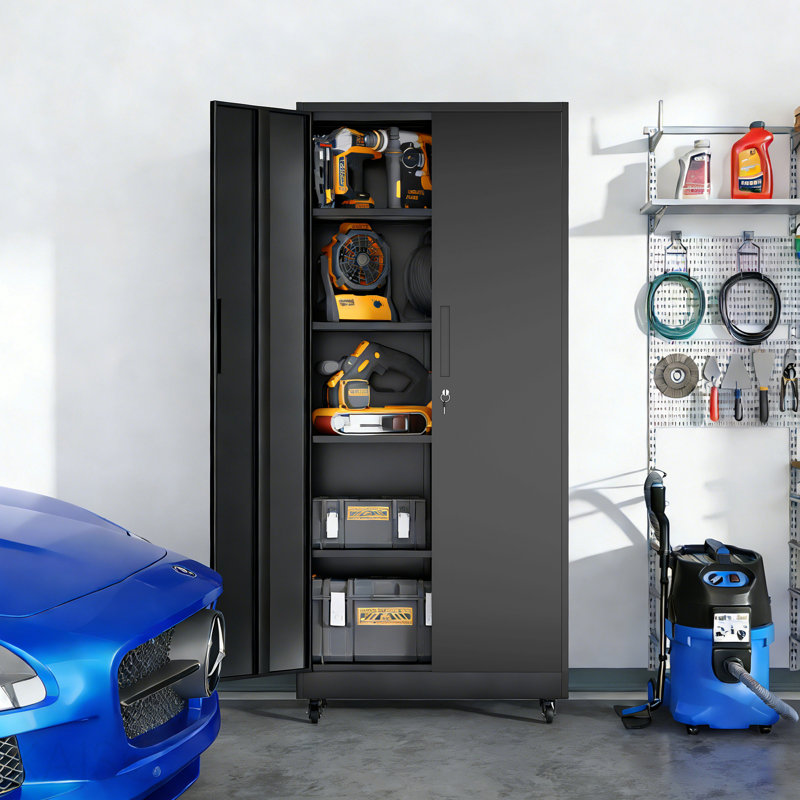 Garage Storage Cabinet With Wheels And Lock, 71 Inch Heavy Duty Rolling Metal Cabinet, 4 Adjustable Shelves (180lb Each), 3-Point Locking Security, For Tool Organization In Garage, Workshop, Office