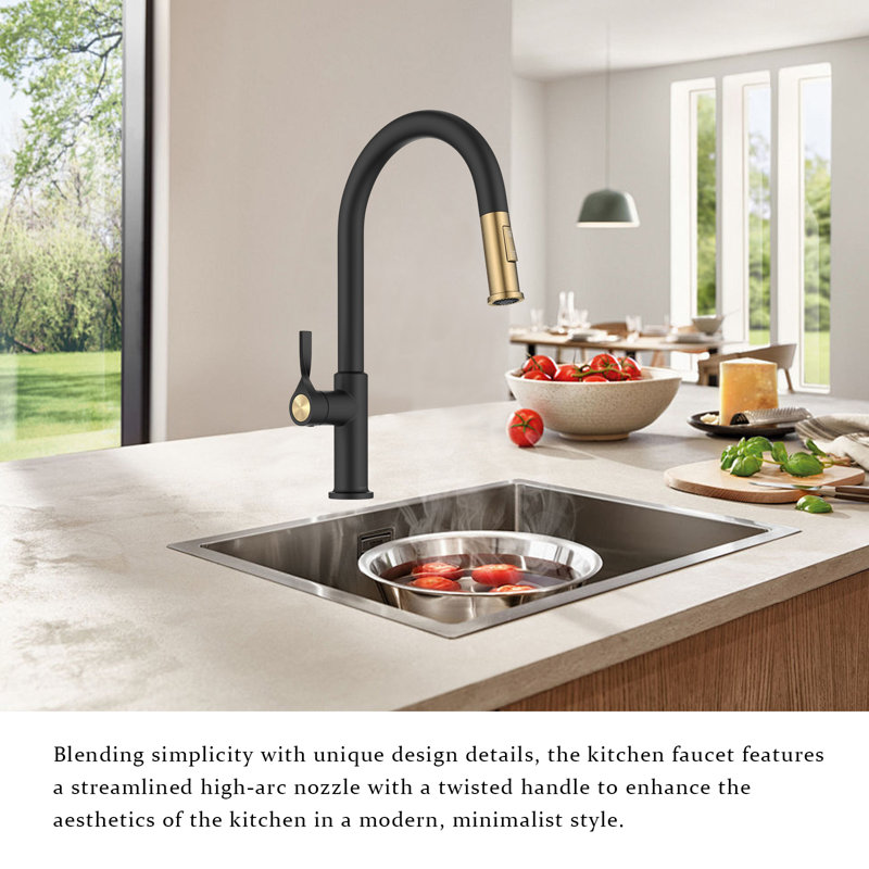 Pull-Down Kitchen Faucet With 2-Function Sprayer, Pre-Installed Hose And Mounting Hardware, Matte Black/Brushed Brass