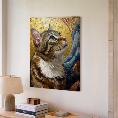 Art mural, icône dorée, félin sacré tabby dans un style classique, certains regards, toile de fond, prêt à accrocher, galerie tendue, décor à la maison