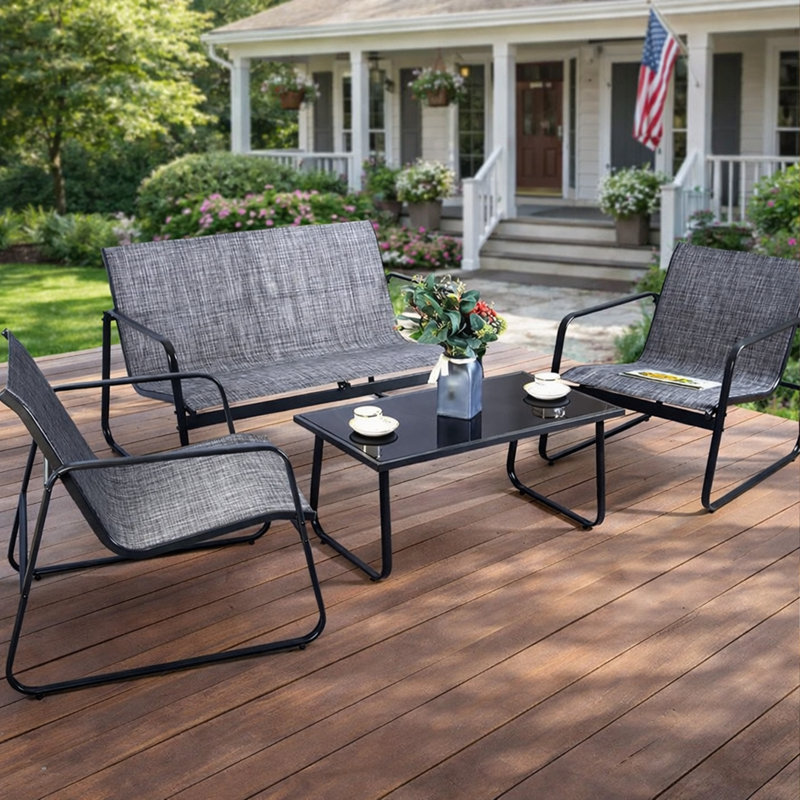 Kozyard Sofia 4-Piece Outdoor Patio Furniture Set, Textilene Conversation Set with Metal Frame, Loveseat, 2 Chairs & Table, All-Weather Seating for Porch, Balcony, Backyard, Gray