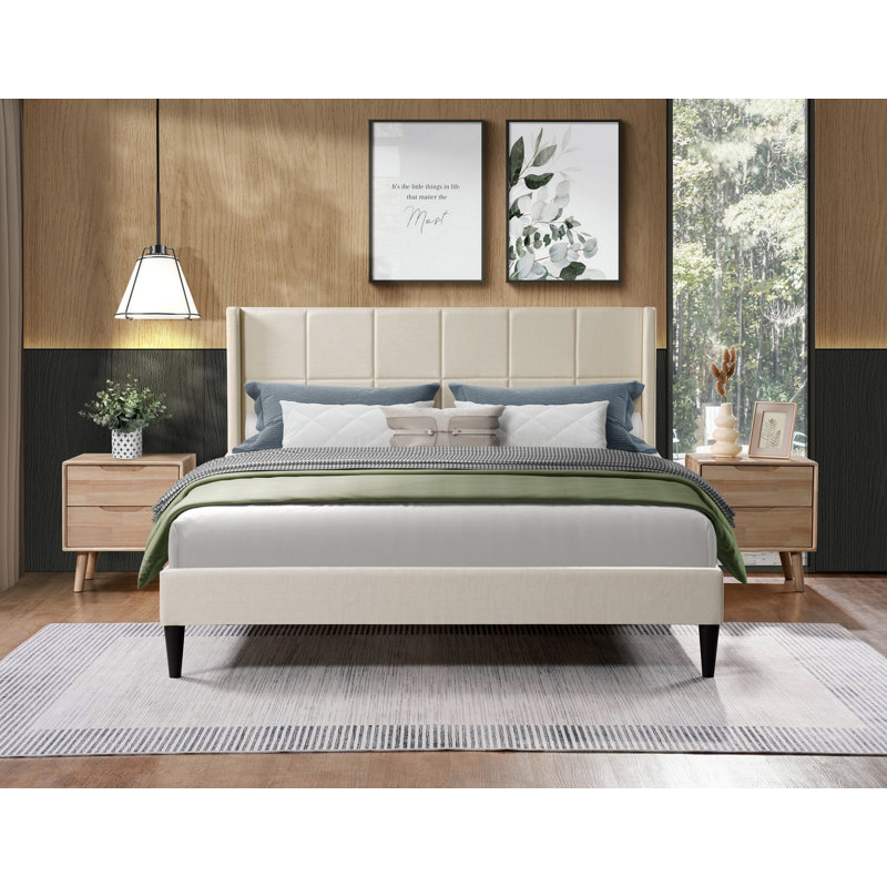 Upholstered Wingback Bed, Beige