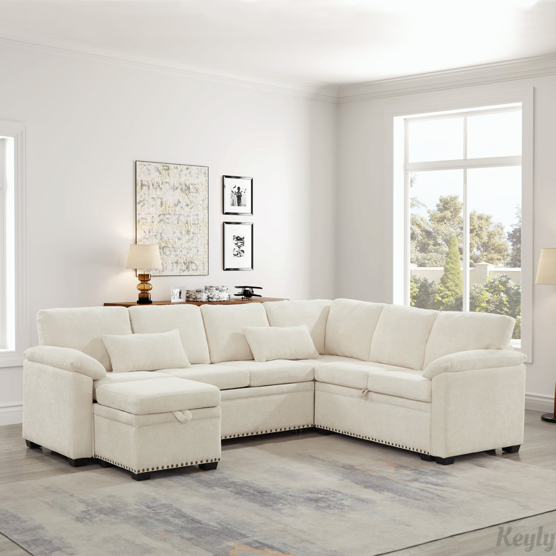 97" L-Shaped Corner Sectional Sofa Couch with Storage Ottoman, Beige