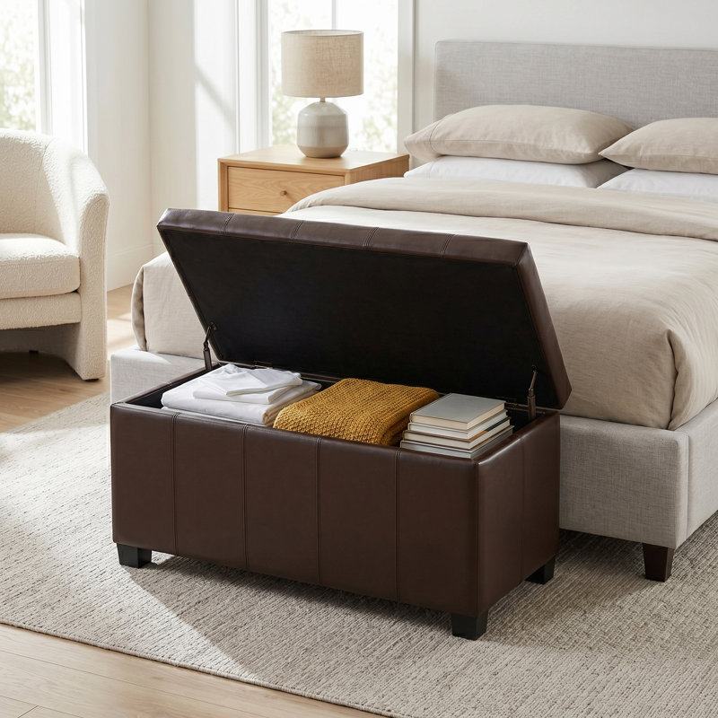 Dover 36"W Upholstered Contemporary Rectangular Storage Ottoman with Lift Top, Chocolate Brown Faux Leather
