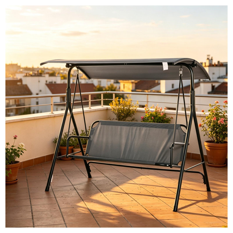 Balancelle de patio 3 places grise avec structure en acier et tissu Oxford gris