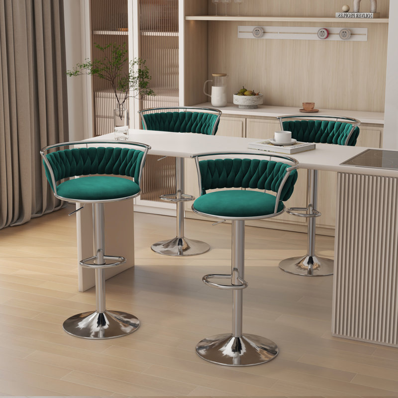 Christal Height Adjustable Swivel Bar Stool, Silver, Dark Green