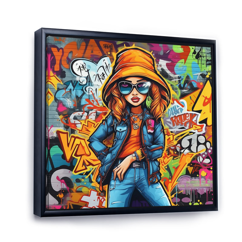 Femme graffiti sur toile, H 30 po x l 30 po x P 1 po, Cadre flottant noir