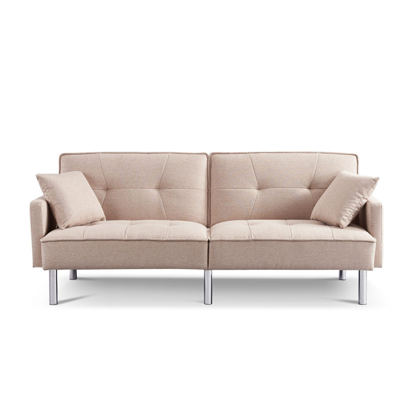 Canapé-lit futon convertible de 85 po en mélange de polyester beige avec coussins décoratifs et pieds argentés