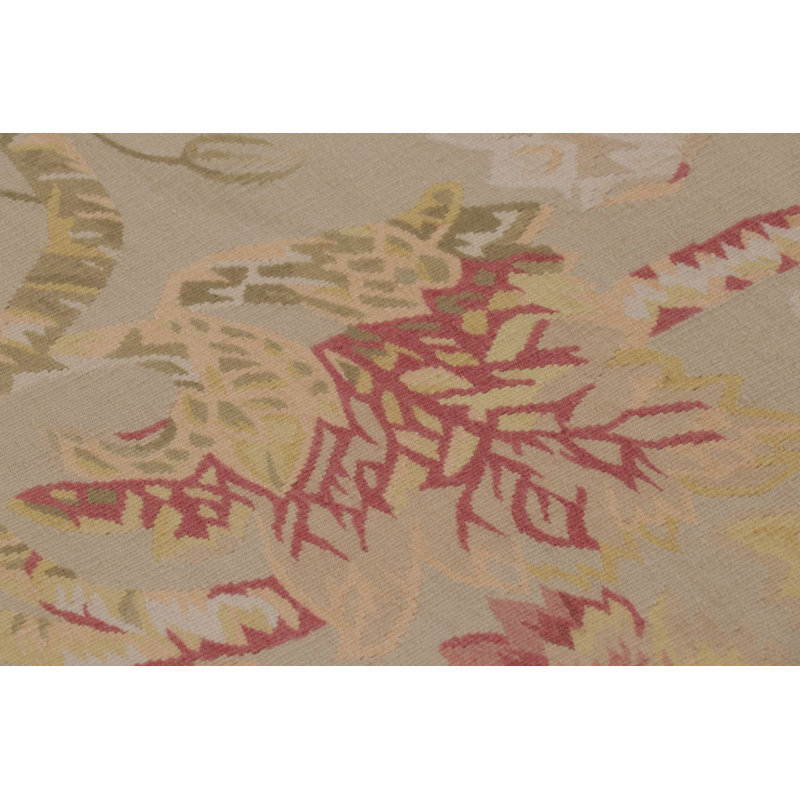 Vintage Oversized Aubusson Rug In Golden-Beige With Pink Florals - Rug & Kilim