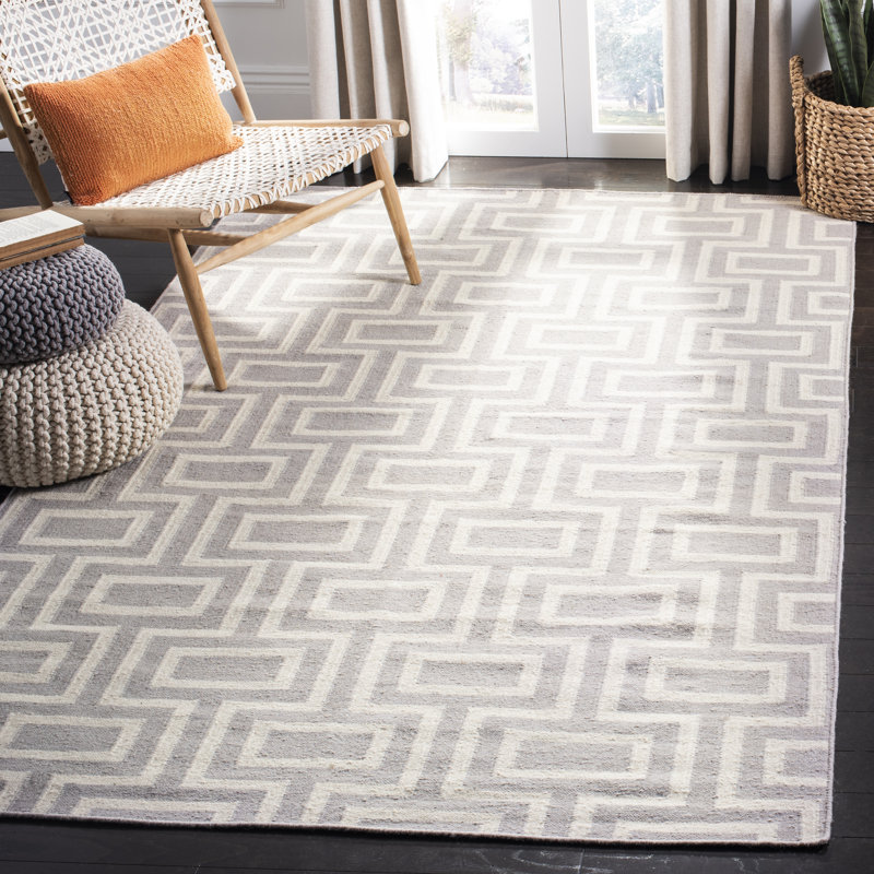 Tapis en laine / coton tissé à la main à plat Rodgers en ivoire / gris, Rectangle 9 pi x 12 pi