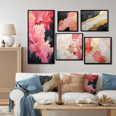 Minimalisme - Poteries roses - Collages abstraits, ensemble de 5 décorations murales
