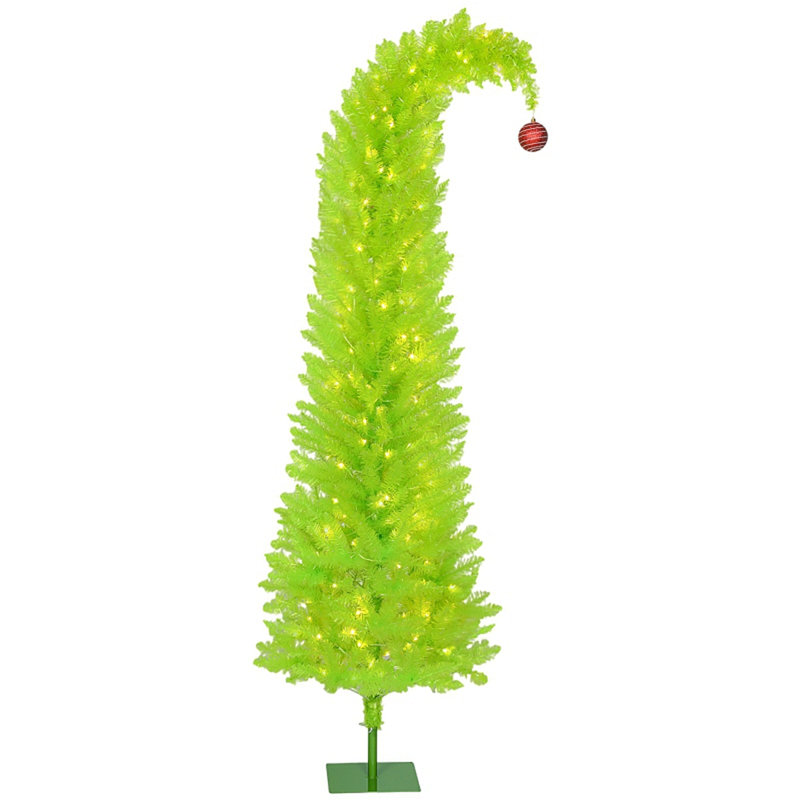 Arbre de Noël fantaisiste, arbre de Noël au crayon avec boule rouge, base en métal, pré-éclairé avec 230 lumières DEL, H 6 pi