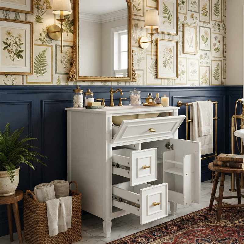 24" Smart Storage Bathroom Vanity With Ceramic Sink, Solid Wood Cabinet With Flip-Out Drawer & 2 Side Drawers (White), White