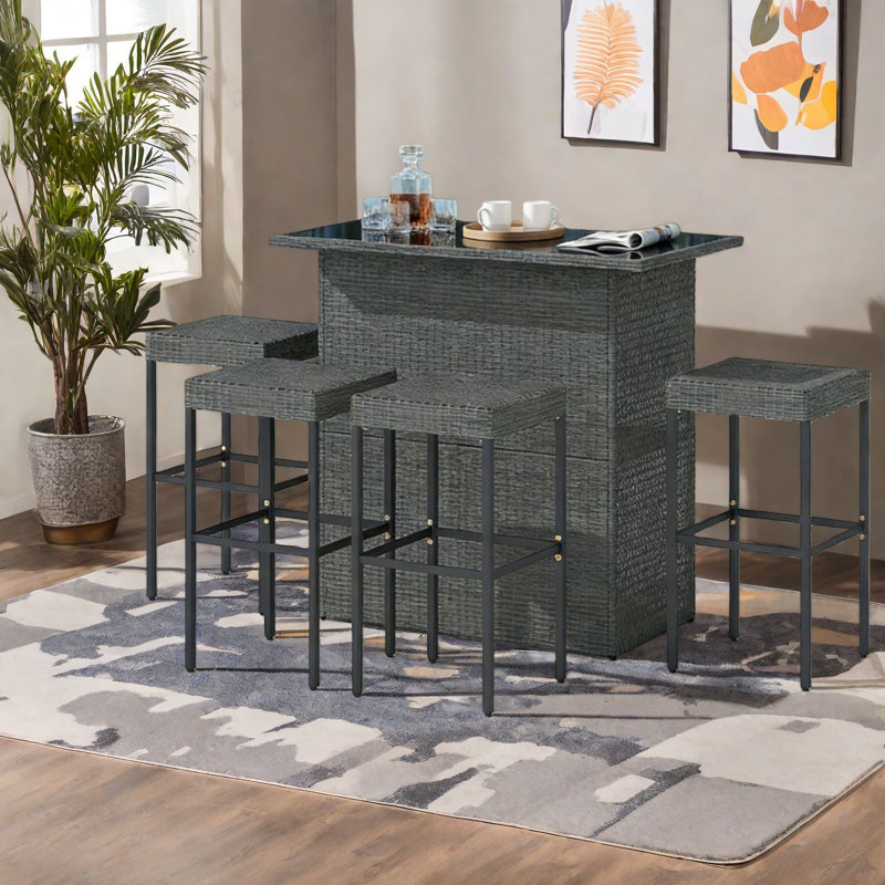 Contemporary Patio Bar Set, Metal & Rattan, Perfect For Outdoor Entertaining