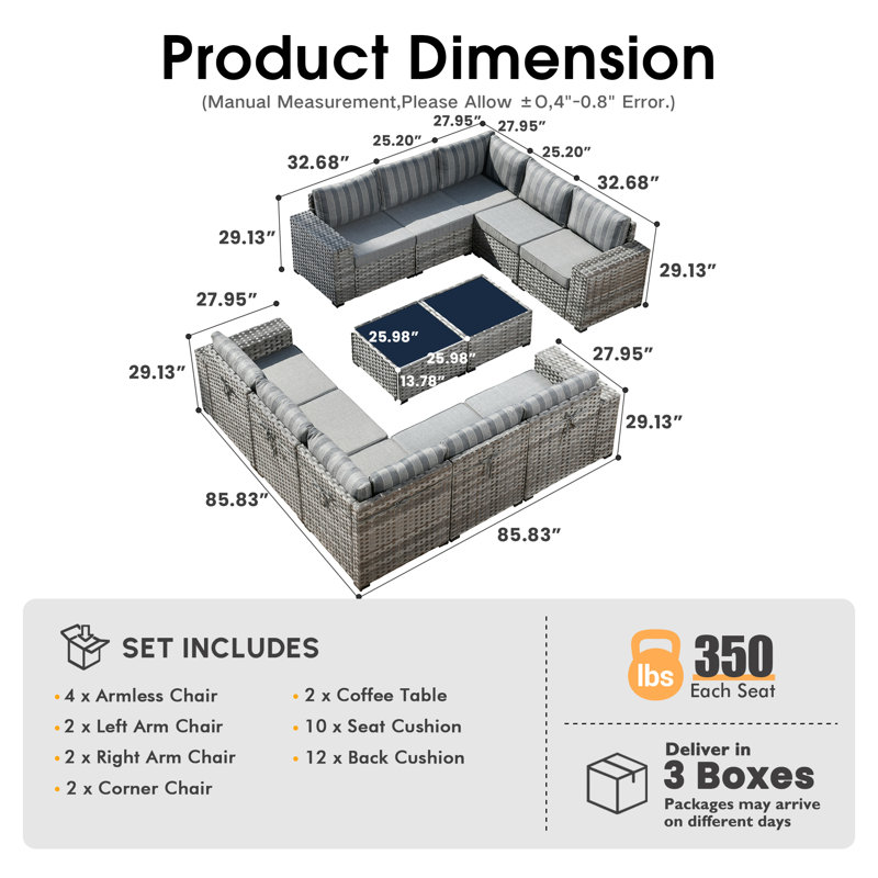 Evanna Wicker 10 - Person Modular Patio Conversation Set with Cushions, Gray Stripe