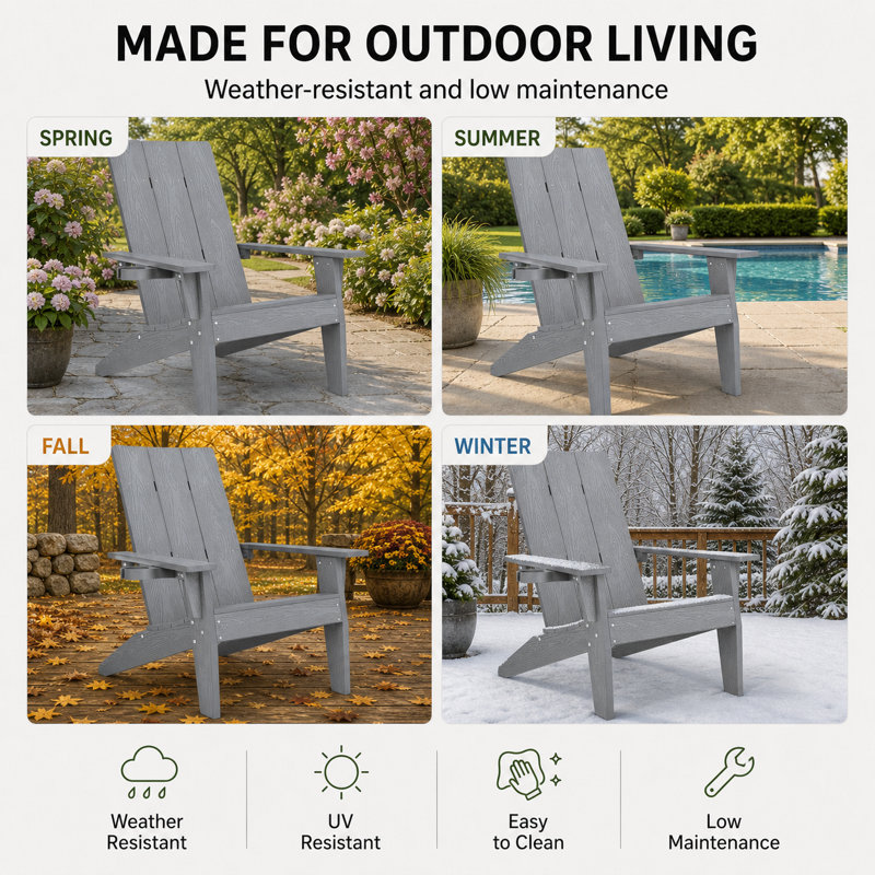 Modern Adirondack Chairs Set of 2 with Cup Holders All Weather HIPS Outdoor Chairs with Wide Armrests Oversized Plastic Patio Lounge for Lawn, Patio and Pool, Gray