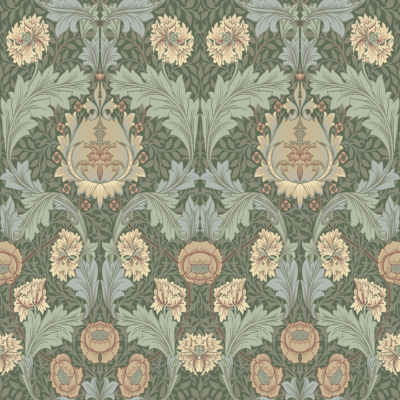 Papier peint floral Myrtle Ogee, Vert / Gris