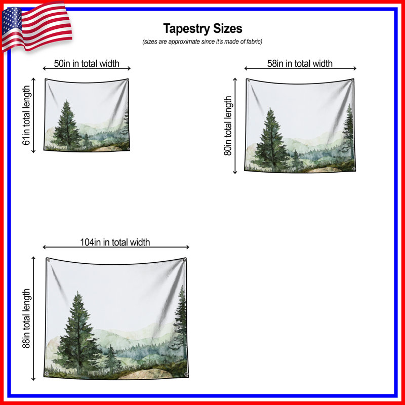 Mountain Forest Landscape Wall Tapestry - Nature Wall Decor, 50in H x60in W with 4 Grommets