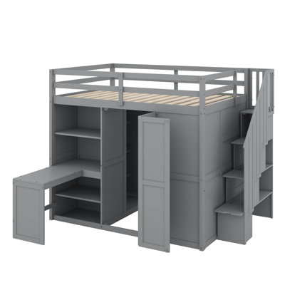 Lit mezzanine double avec garde-robe, bureau et tablettes