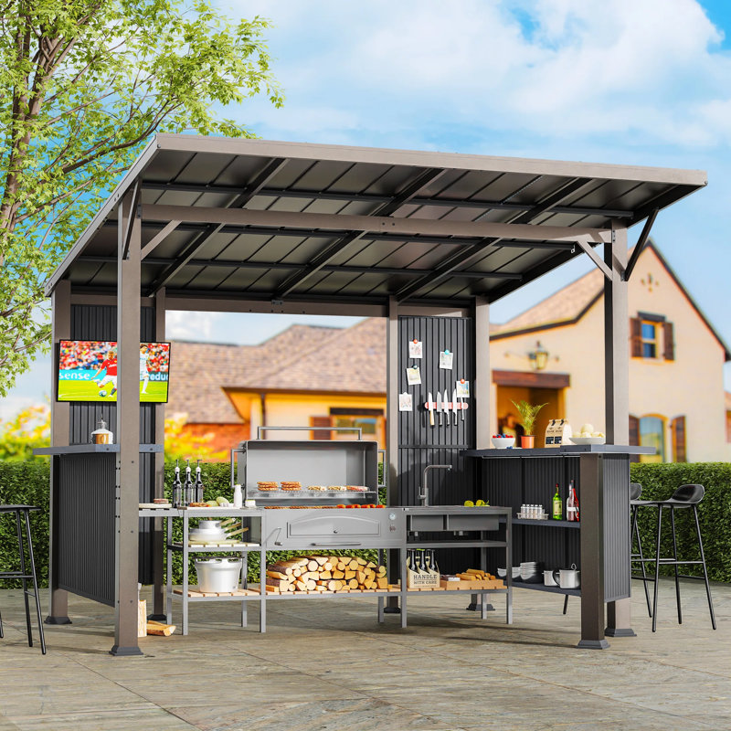 10’×10‘ Heavy-Duty Outdoor Iron BBQ Gazebo with Reversible Side Shelf & Sloped Roof