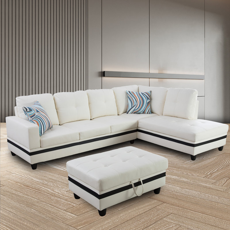 Elsiana 3 Piece Faux Leather Modular Living Room Set, Leather Couch Set, Left Hand Facing, Off White Faux Leather