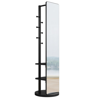 360° Rotating Full Length Mirror With Hook Storage, Solid Wood Floor Mirror For Bedrooms And Living Rooms, Space-Saving Design