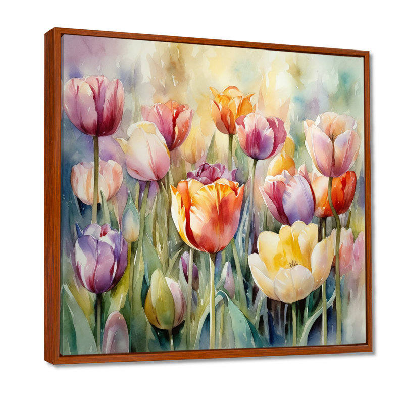 Jardin des tulipes - art mural tulipe, H 16 po x l 16 po x P 1 po, Cadre flottant brun