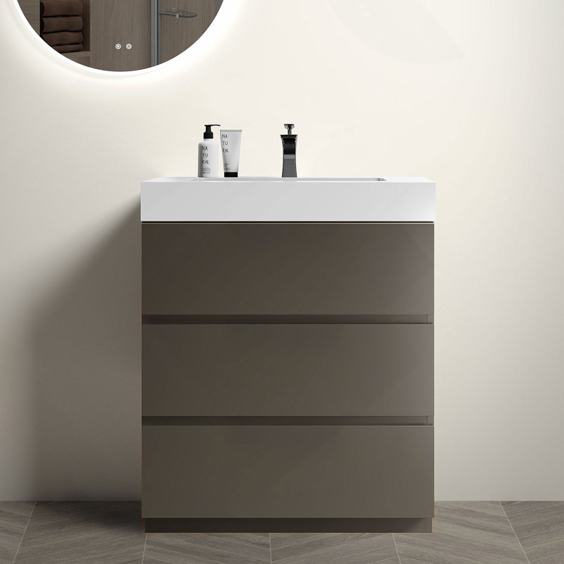 Meuble-lavabo autoportant avec grand lavabo et rangement, Gris, White