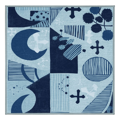 Machine Washable Peoro Global Inspired Block Print Rug in Blue – SkyBlue Binding