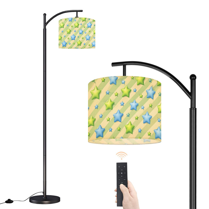 PeeNoke Arc Floor Lamp Colorful Blue Green Star Diagonal Striped Tall Modern Standing Lamp LED Adjustable Linen Lampshade 3 Color Temperatures