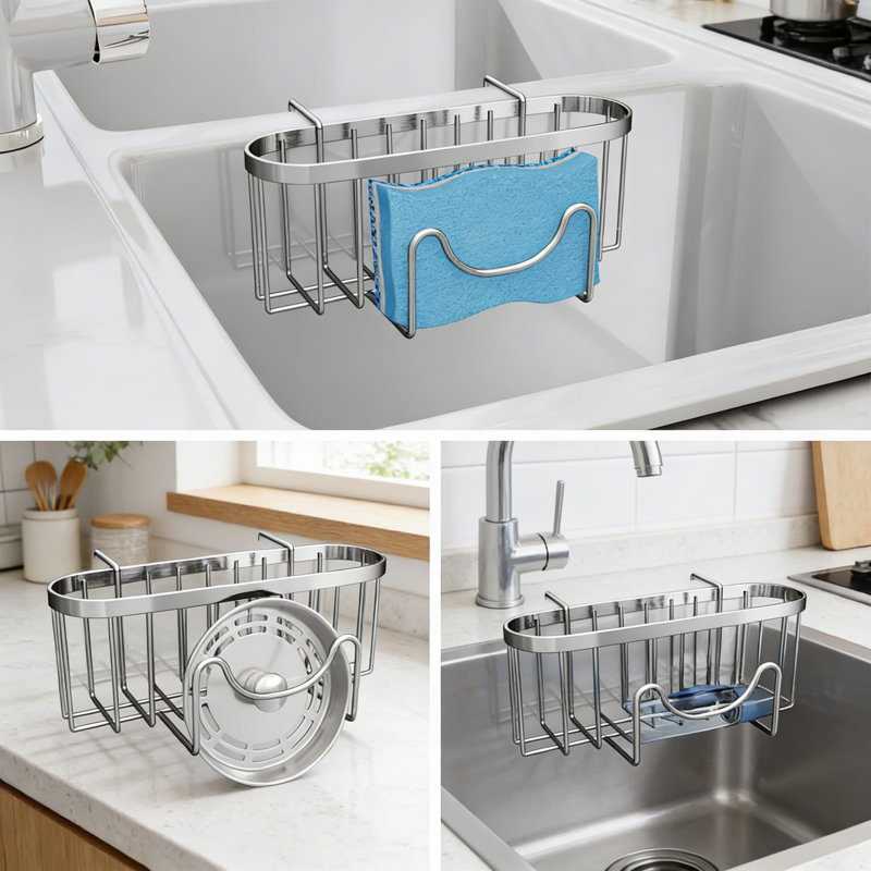 Organisateur de chariot à éponge en acier inoxydable avec crochets en forme de M - Support de lavabo double compact pour éponges, brosses et bouchons avec drain