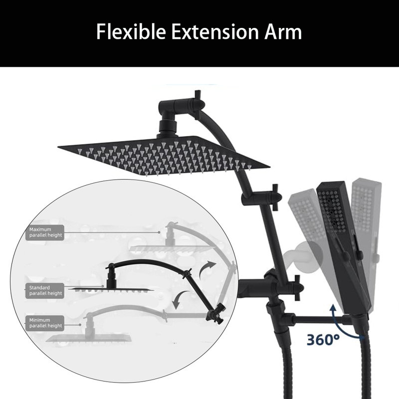 10'' Rainfall Shower Head, Dual Shower Head Combo, Adjustable Extension Arm, 71'' Hose, Matte Black