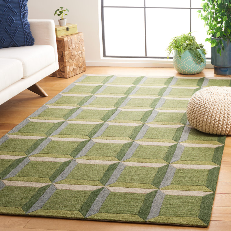 Giedre Geometric Hand Tufted Cotton/Wool Area Rug in Green/Beige, Rectangle 8' x 10'