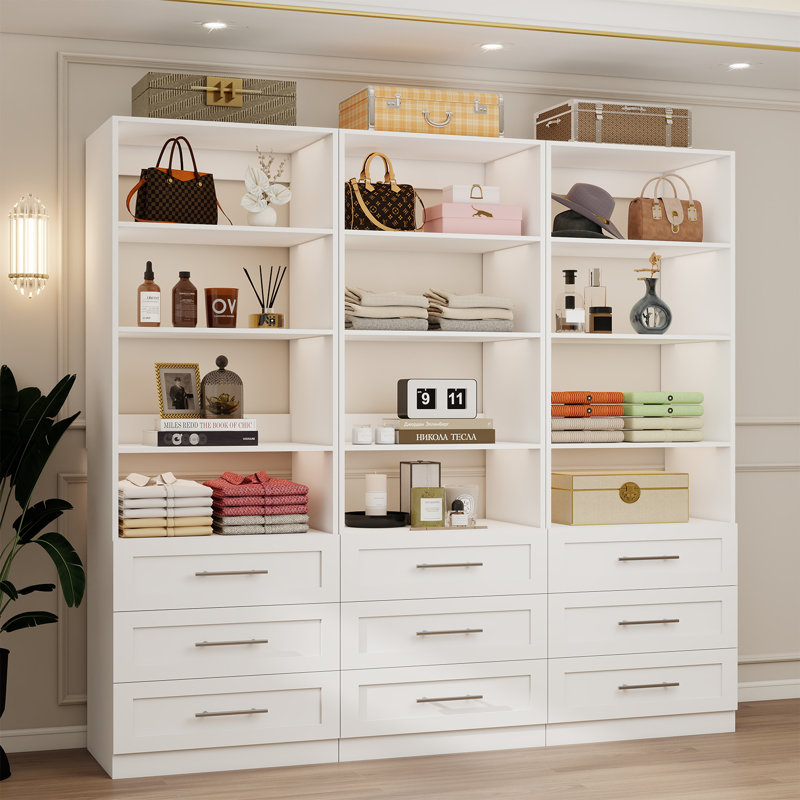 Système de rangement pour garde-robe de 1,80 m à 4,50 m avec 9 tiroirs, 12 tablettes réglables et 3 tringles à vêtements.