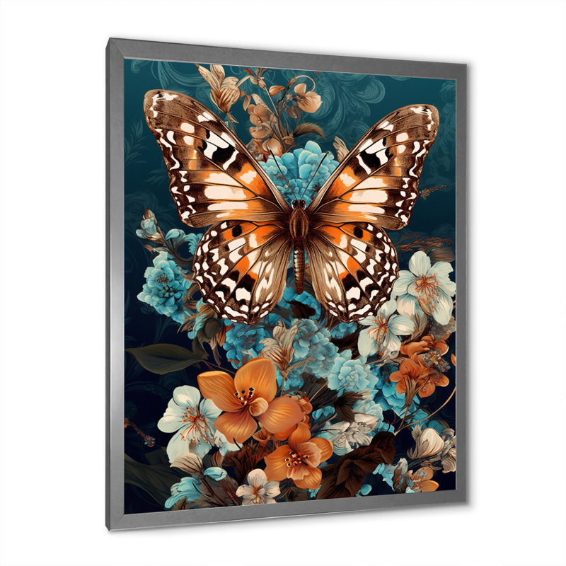 Gracieux papillon brun sur des orchidées rétro I, H 44 po x l 34 po x P 1,5 po, Cadre simple argenté