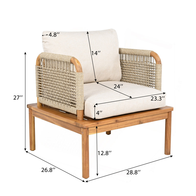 Fauteuil club d'extérieur en bois d'acacia et corde avec coussins (ensemble de 2 / MP2)