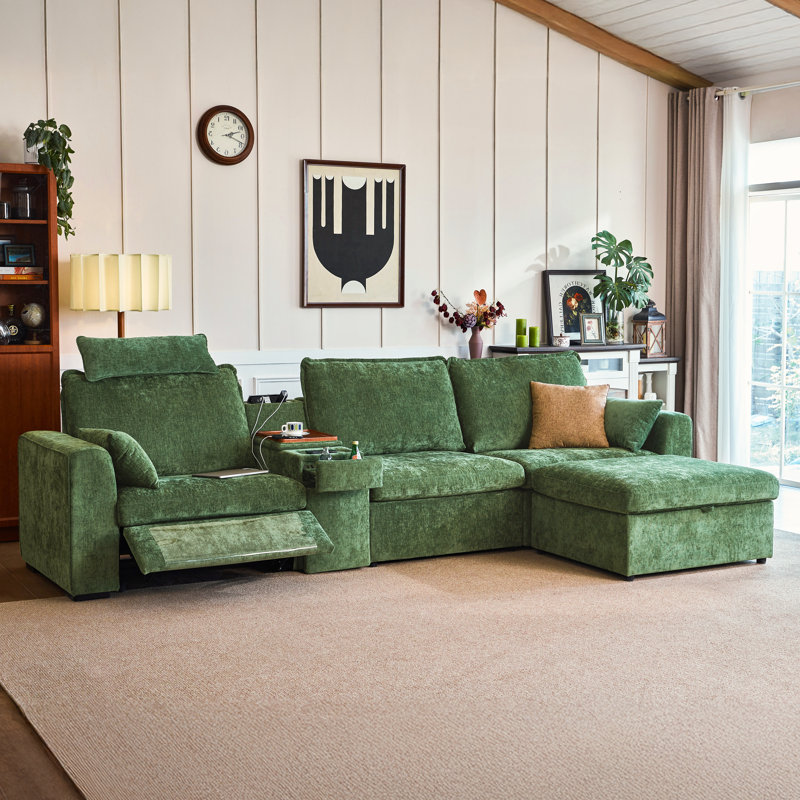 4-seater Chenille Oversized Power Recliner Sofa With Headrest, Modular Cloud Sectional Couch With Convertible Table, Charging, Drawer, Cup Holder, With Storage Ottoman