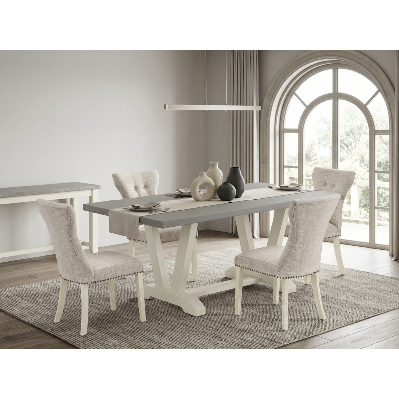 L'ensemble de table de salle à manger 5 pièces comprend une table de salle à manger en ciment et 4 chaises rembourrées en tissu de lin avec dossier capitonné - Lin brossé blanc