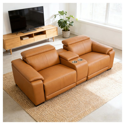 Canapé modulaire 3 pièces avec porte-gobelets, similicuir brun et mélange de coton pour petits espaces
