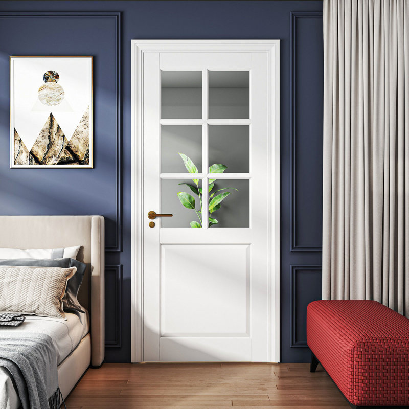 Intérieur de porte pré-suspendue en verre transparent 32 po x 80 po, dalle de porte pré-finie en verre massif à peindre 6 pièces avec assemblage facile, sans charnières, charnières argentées, pour garde-manger, chambre à coucher