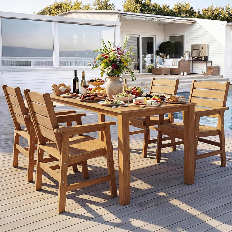 Patio Dining Set for 4 Person All Weather 5 Piece HIPS Outdoor Patio Table and Chairs Set with Umbrella Hole & Aluminum Frame Plastic Outside Furniture for Backyard, Garden, Deck, Poolside, Teak